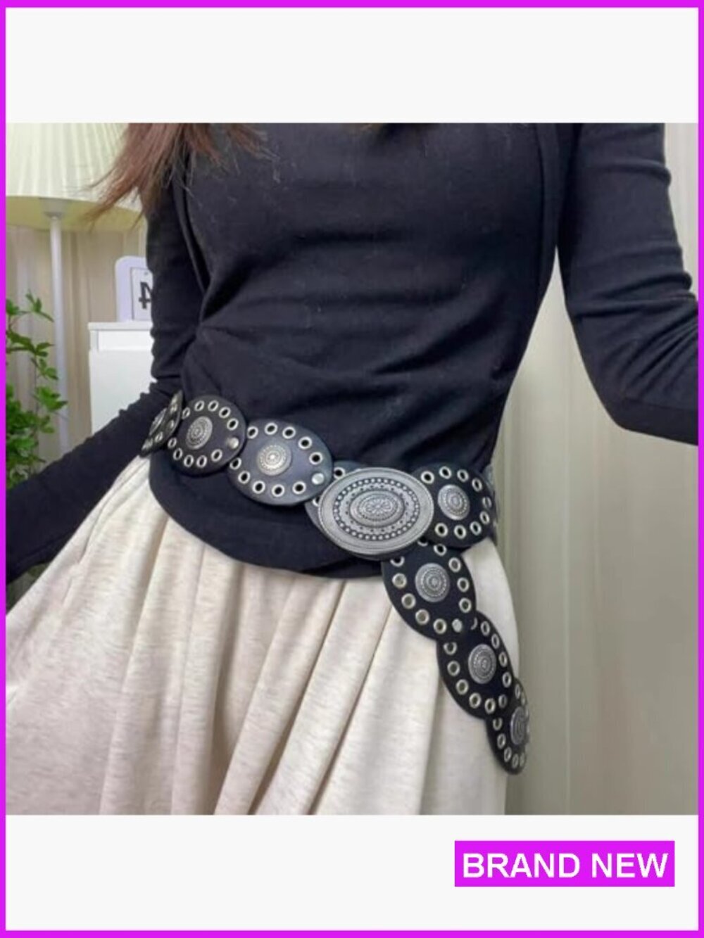 Western Vintage Boho Style PU Leather Wide Disc Belt Adjustable Waist - Picture 6 of 7